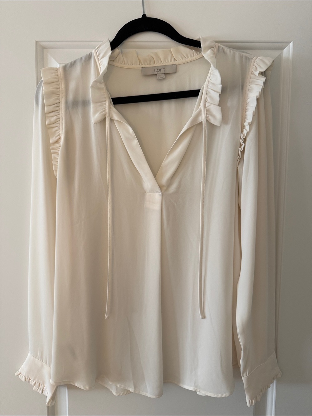 LOFT Ivory Ruffle Tie-Neck Blouse